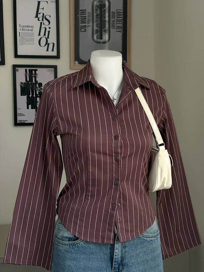 Rose Brown Striped Flared Sleeve Fitted Shirt