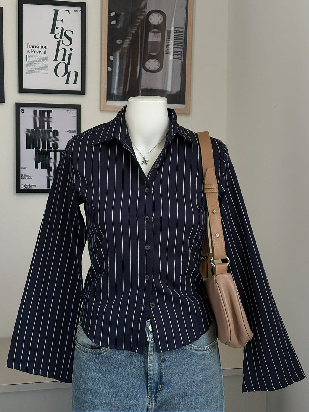 Navy Blue Striped Flared Sleeve Fitted Shirt