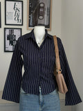 Navy Blue Striped Flared Sleeve Fitted Shirt