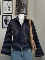 Navy Blue Striped Flared Sleeve Fitted Shirt