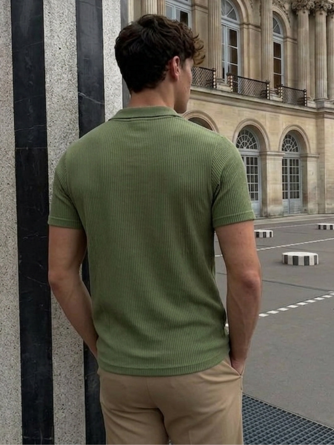 Army Green Solid Poly Corduroy Cut Away Collar Polo T-Shirt