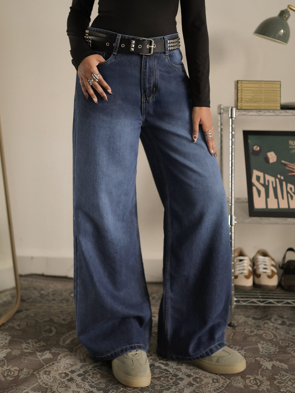 Classic Blue Washed Wide Leg Jeans Stylish Wodrobe