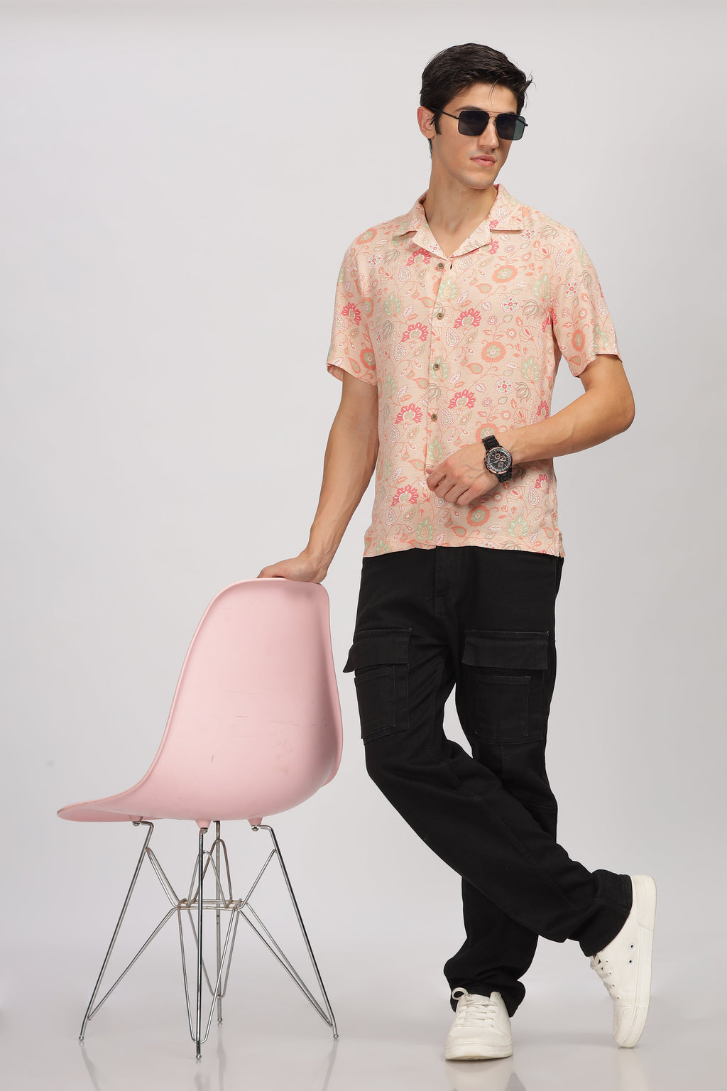 Uri Peach Printed Cuban Collar Shirt Uri