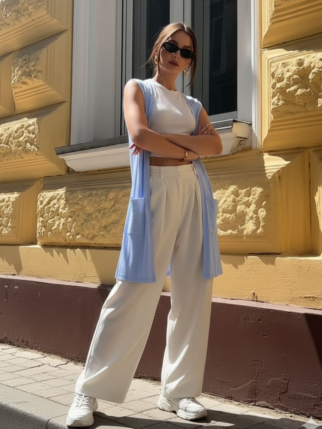 Light Blue Self Textured Drop Needle Sleeveless Shrug