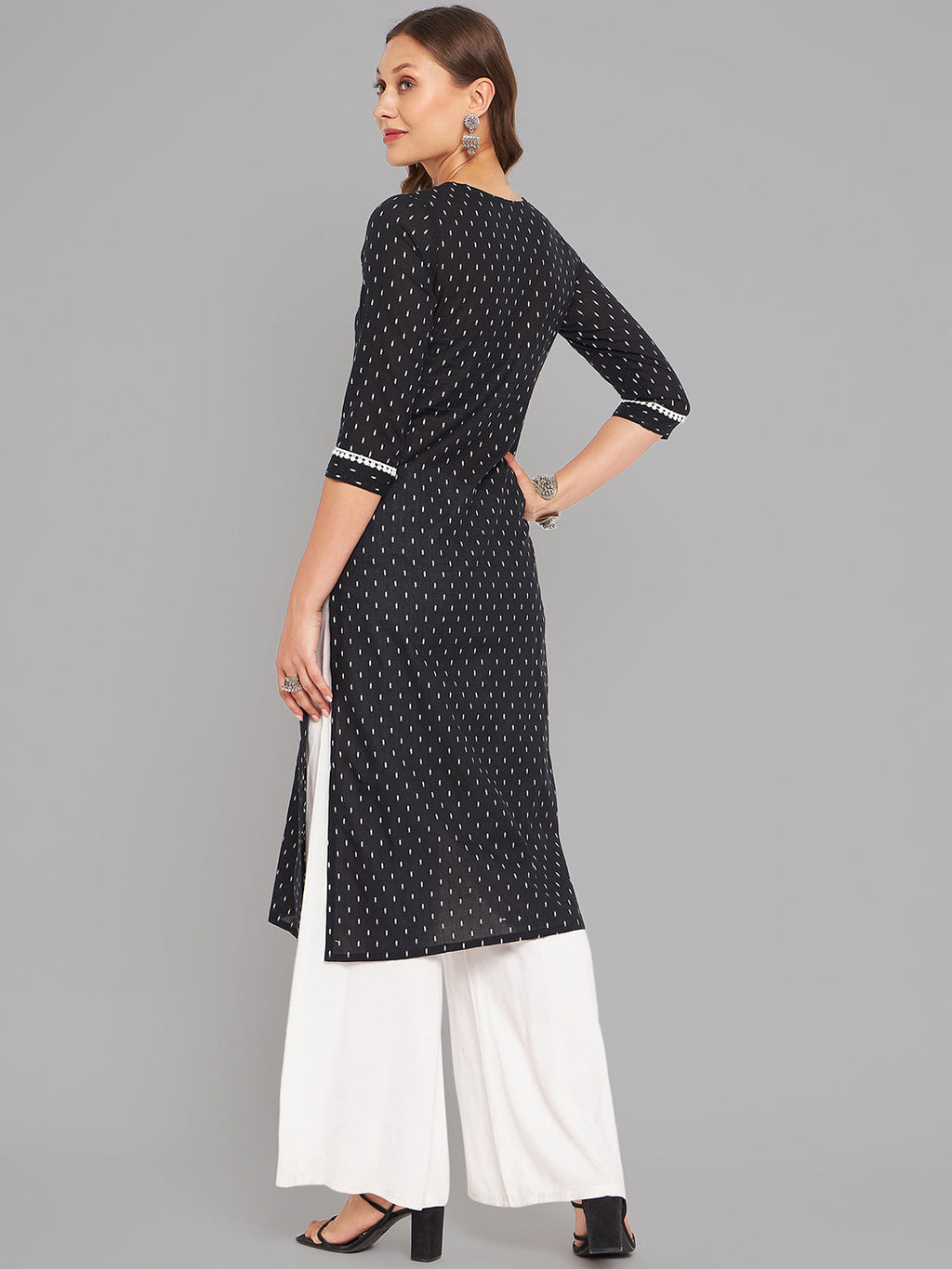 Women Black Woven Design Kurta With Lace Krya