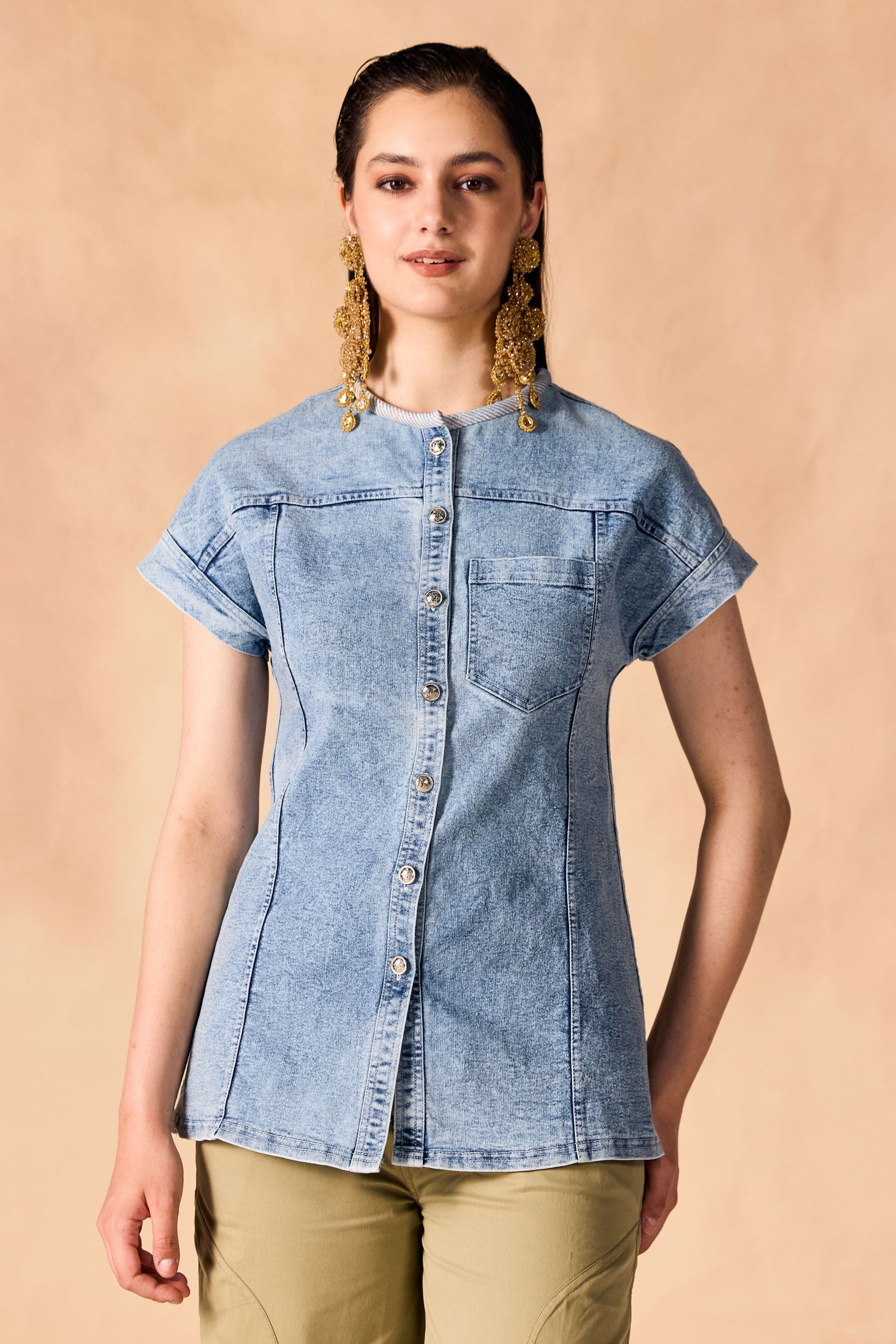 Button-Up Stone Washed Denim Shirt
