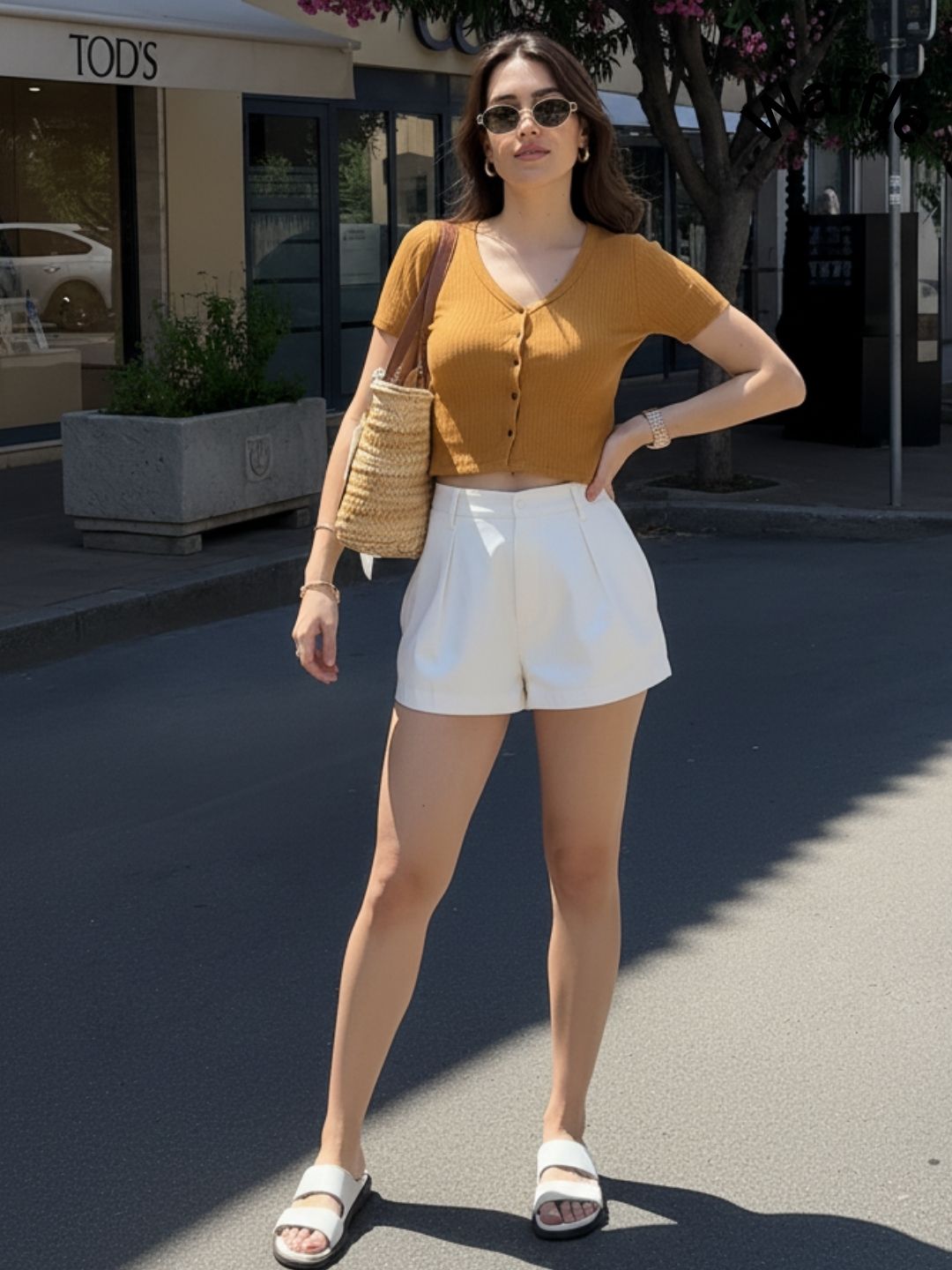 Mustard Drop Needle Self Textured Half Sleeves Top
