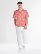 Men's Box-Fit Floral Embroidered Linen Coral Shirt Vellure