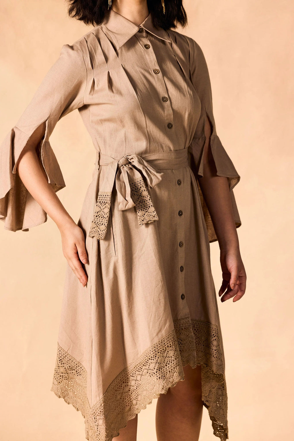 Handkerchief Hem Sash-Tie Belt Linen Shirtdress