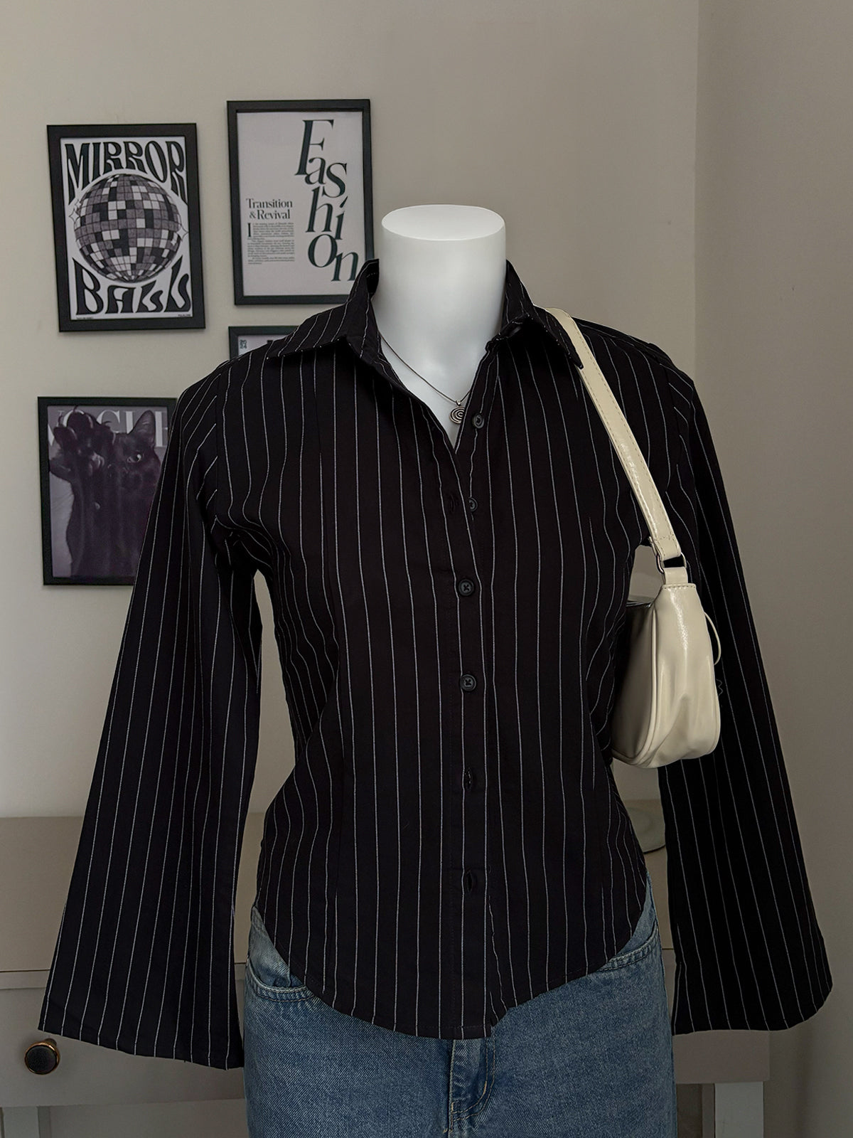 Black Striped Flared Sleeve Fitted Shirt