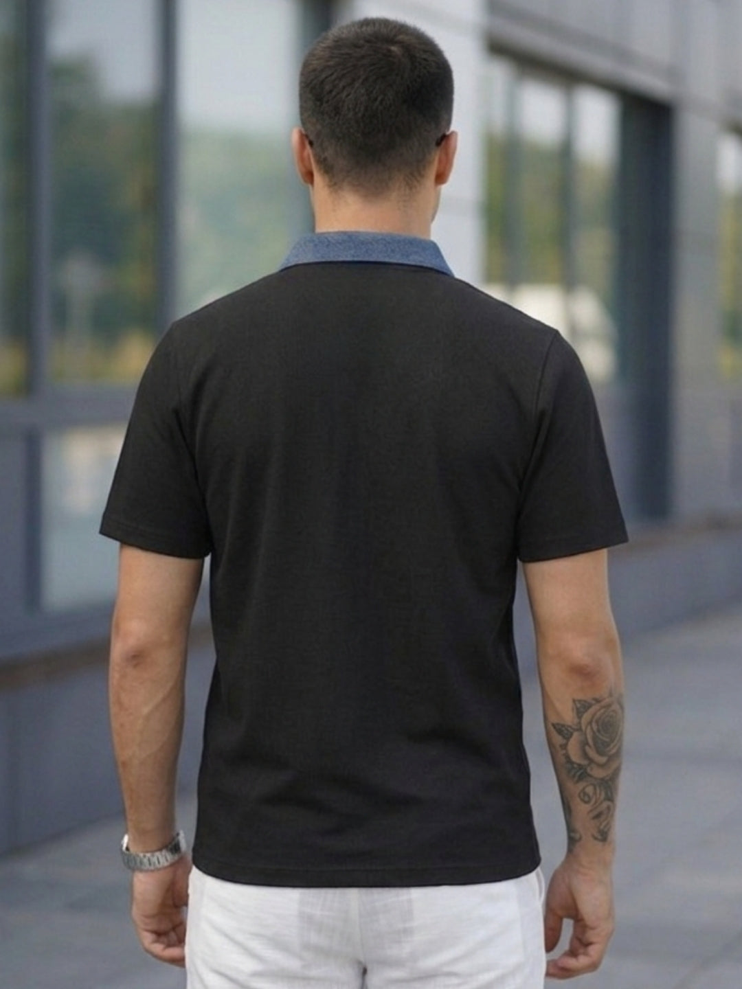 Black Solid Terry Cut Away Collar Polo T-Shirt