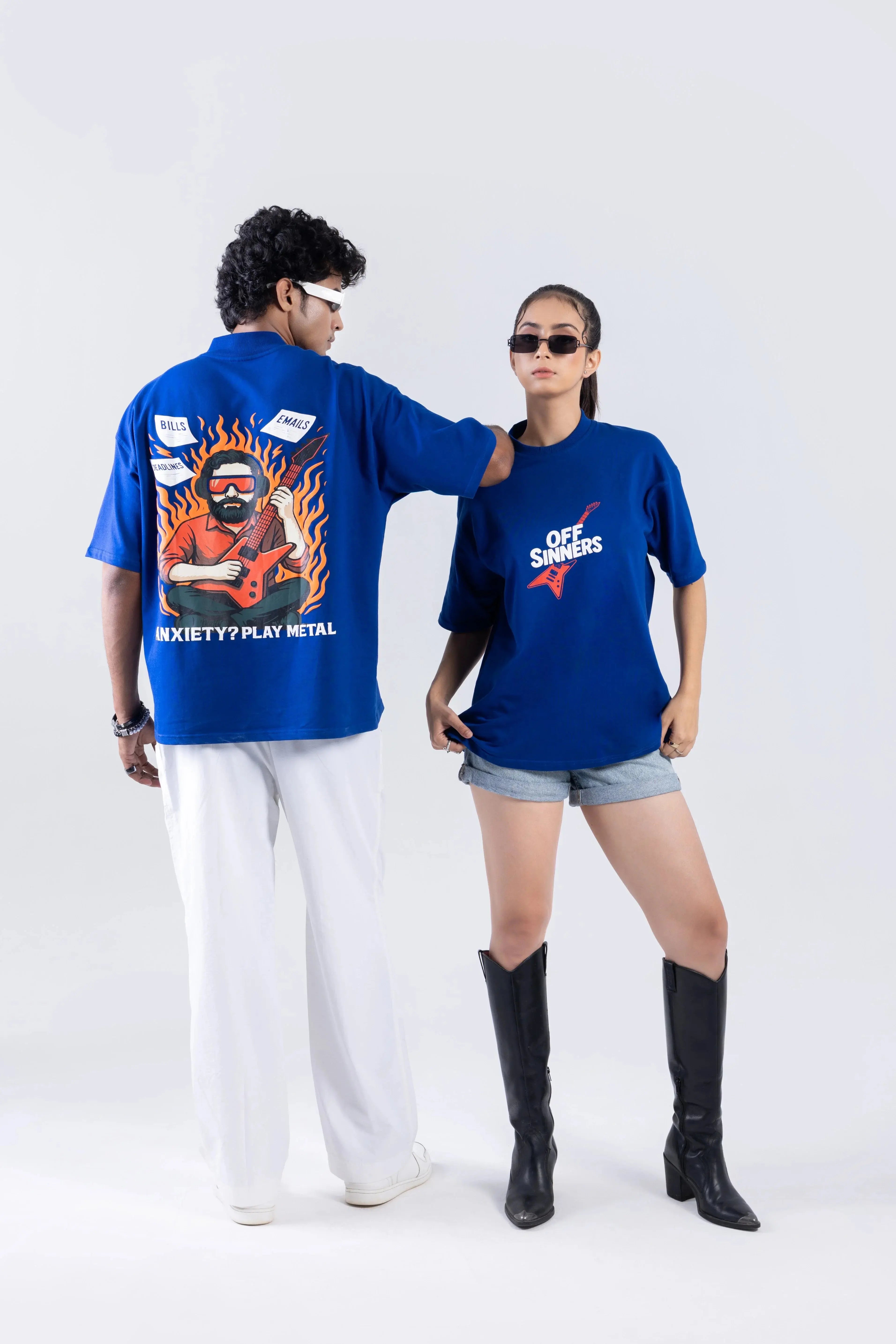 "Play Metal" Round Neck Printed Blue T-Shirt Off Sinners
