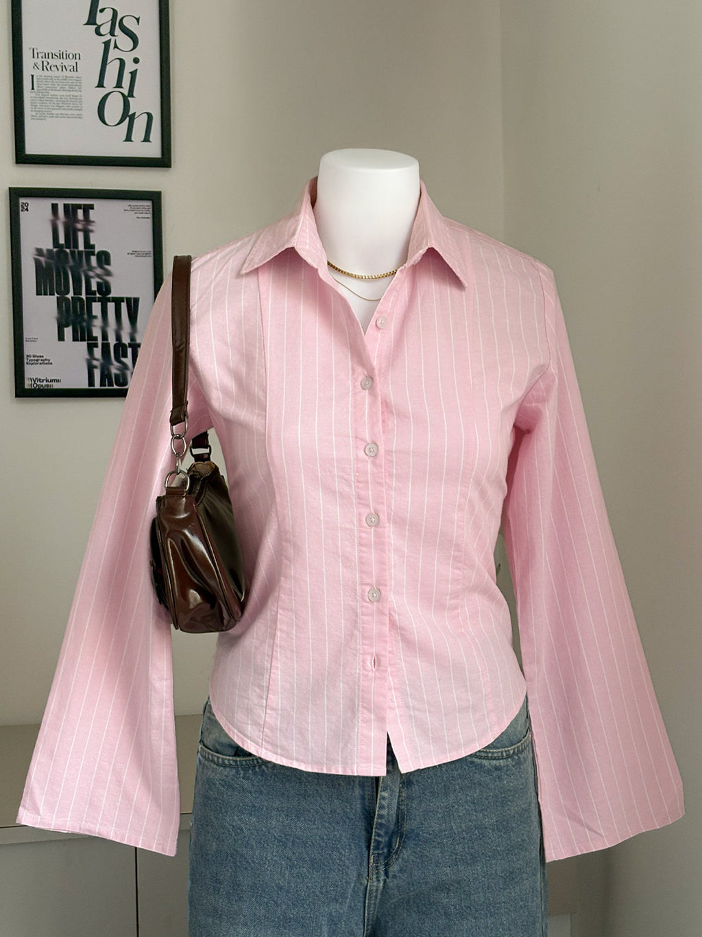 Soft Pink Striped Flared Sleeve Fitted Shirt