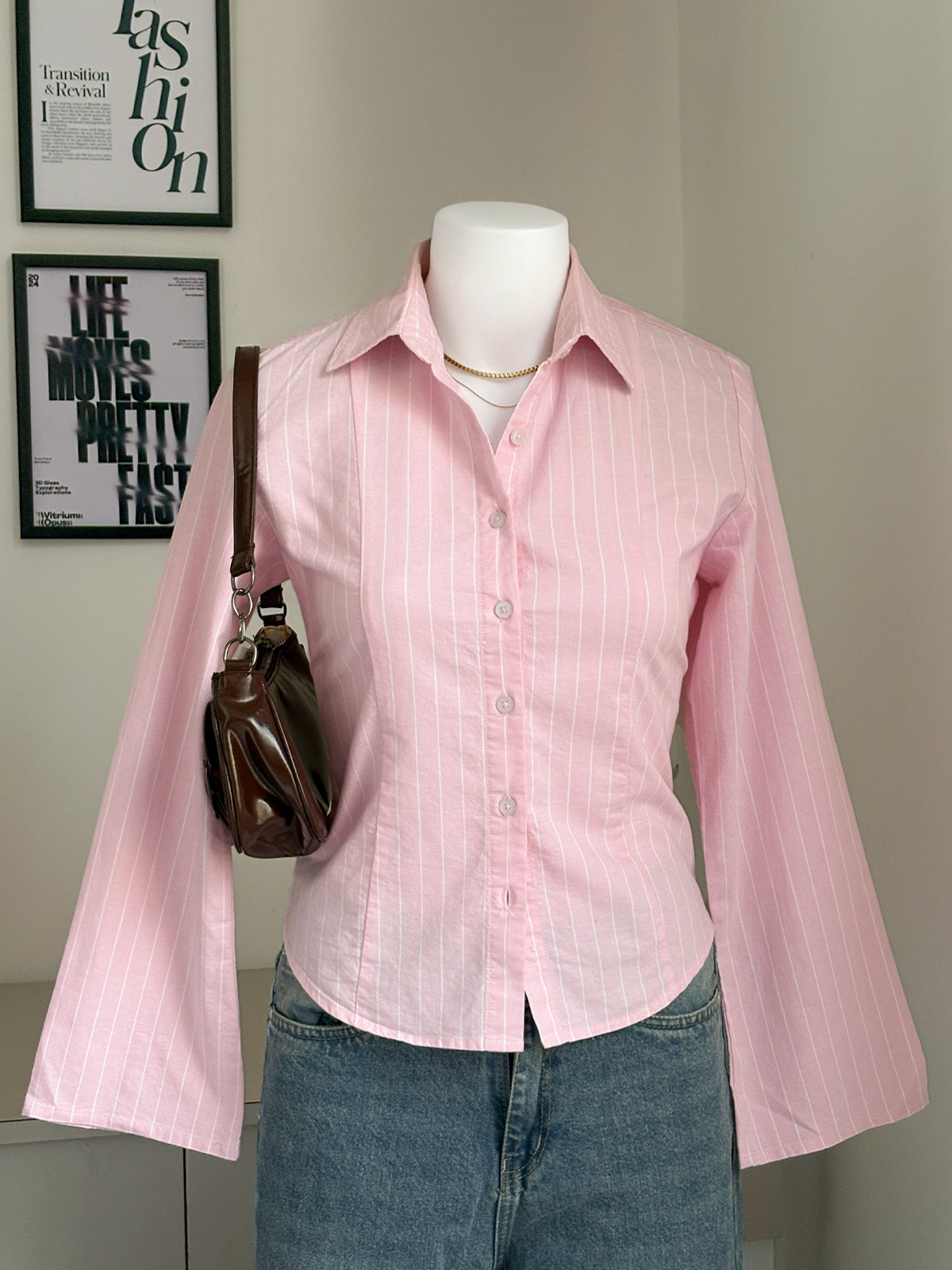 Soft Pink Striped Flared Sleeve Fitted Shirt