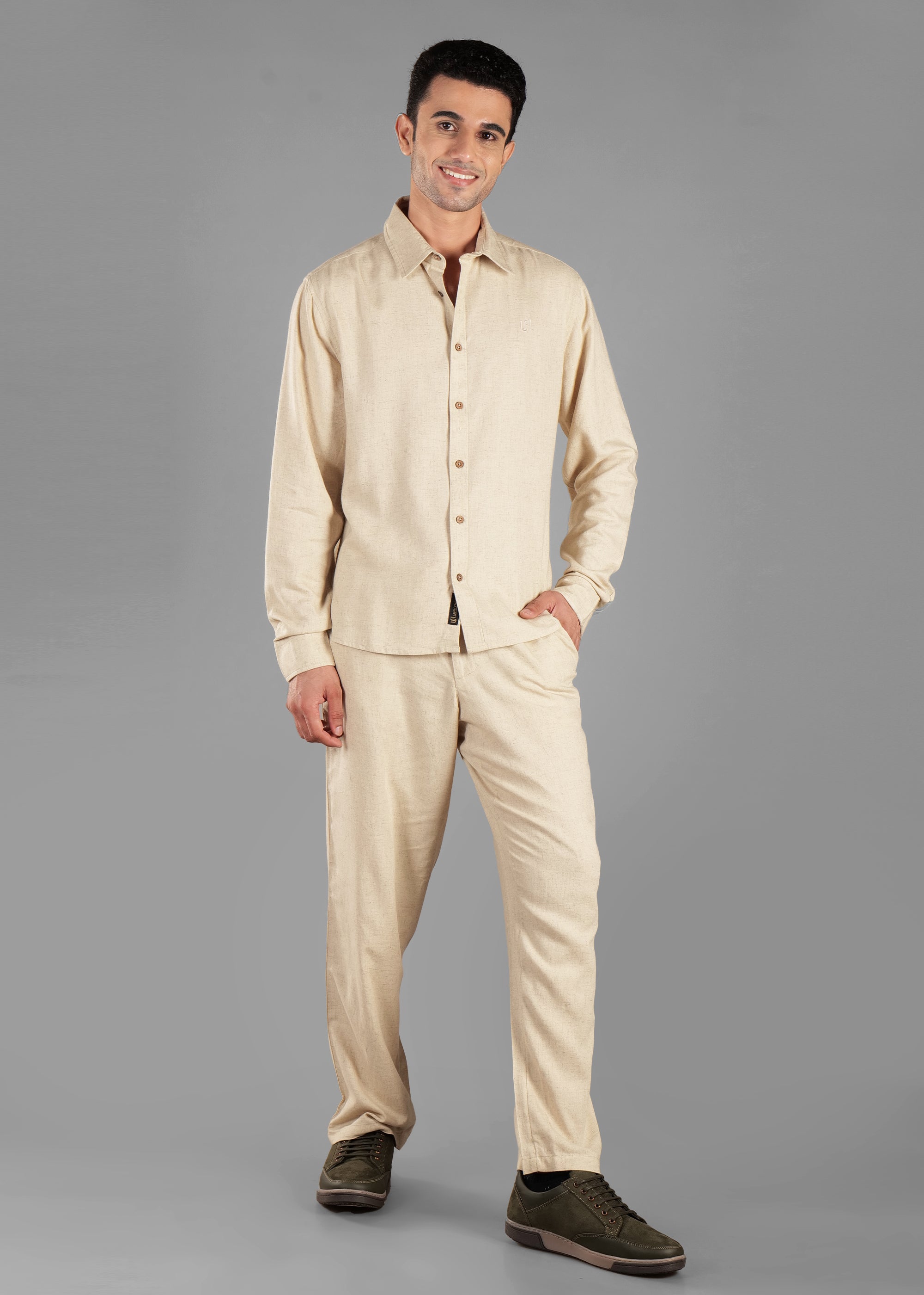Raw Beige Linen-Blend Relaxed Pants for Men