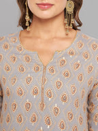 Women Grey Ethnic Motifs Printed Kurta With Piping Krya