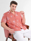 Men's Box-Fit Floral Embroidered Linen Coral Shirt Vellure
