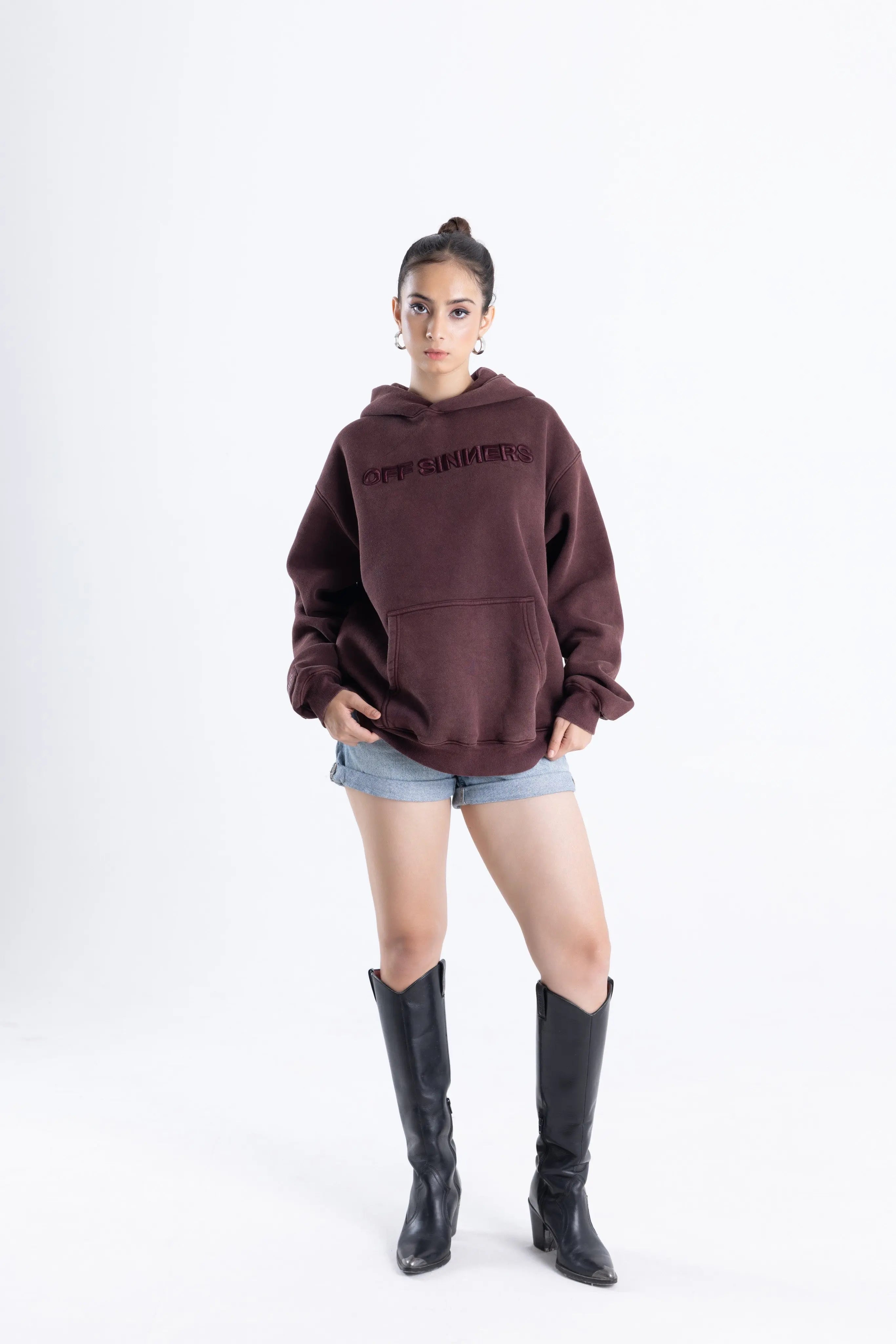 Acid Wash Raven Born Embroidered Brown Hoodie Off Sinners