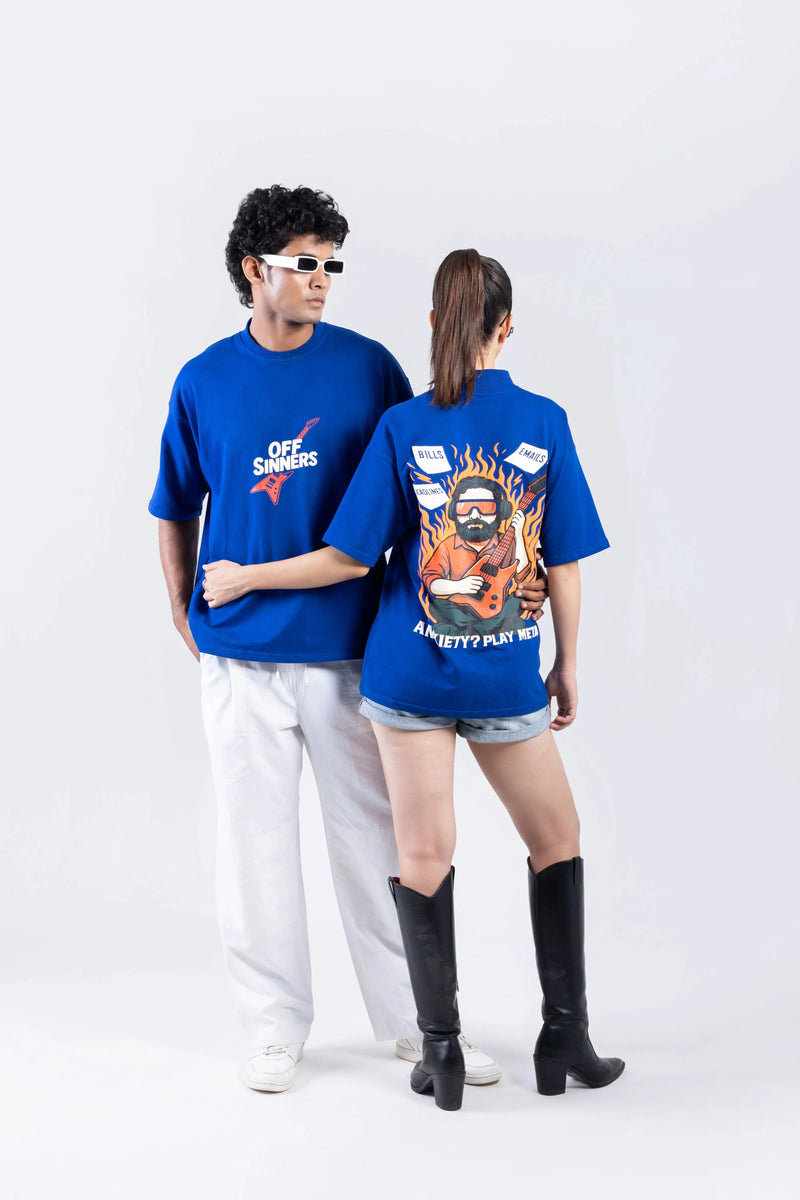 "Play Metal" Round Neck Printed Blue T-Shirt Off Sinners