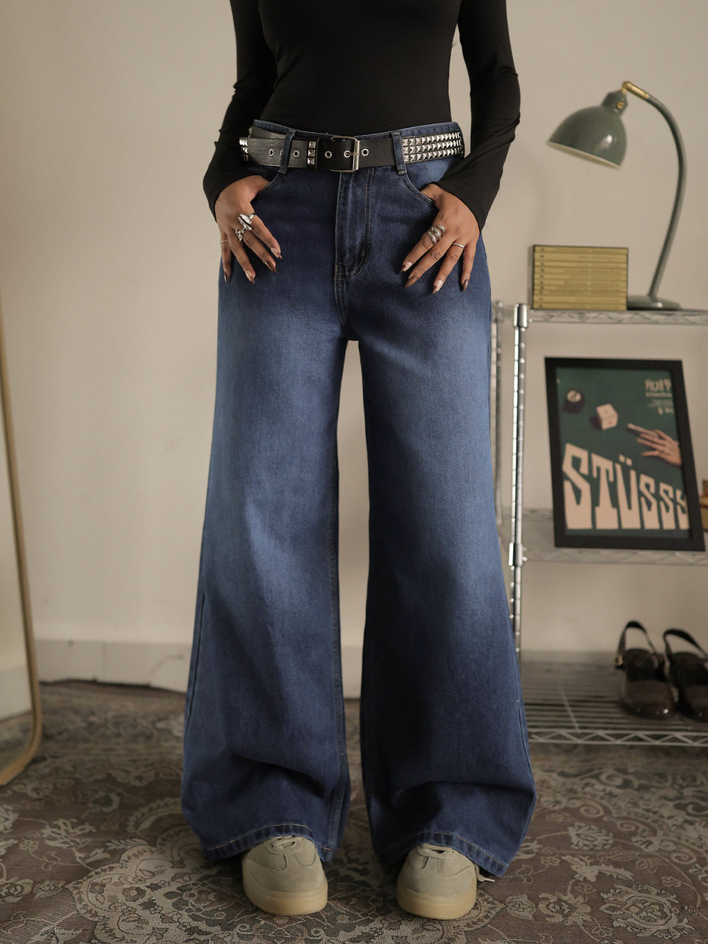 Classic Blue Washed Wide Leg Jeans Stylish Wodrobe