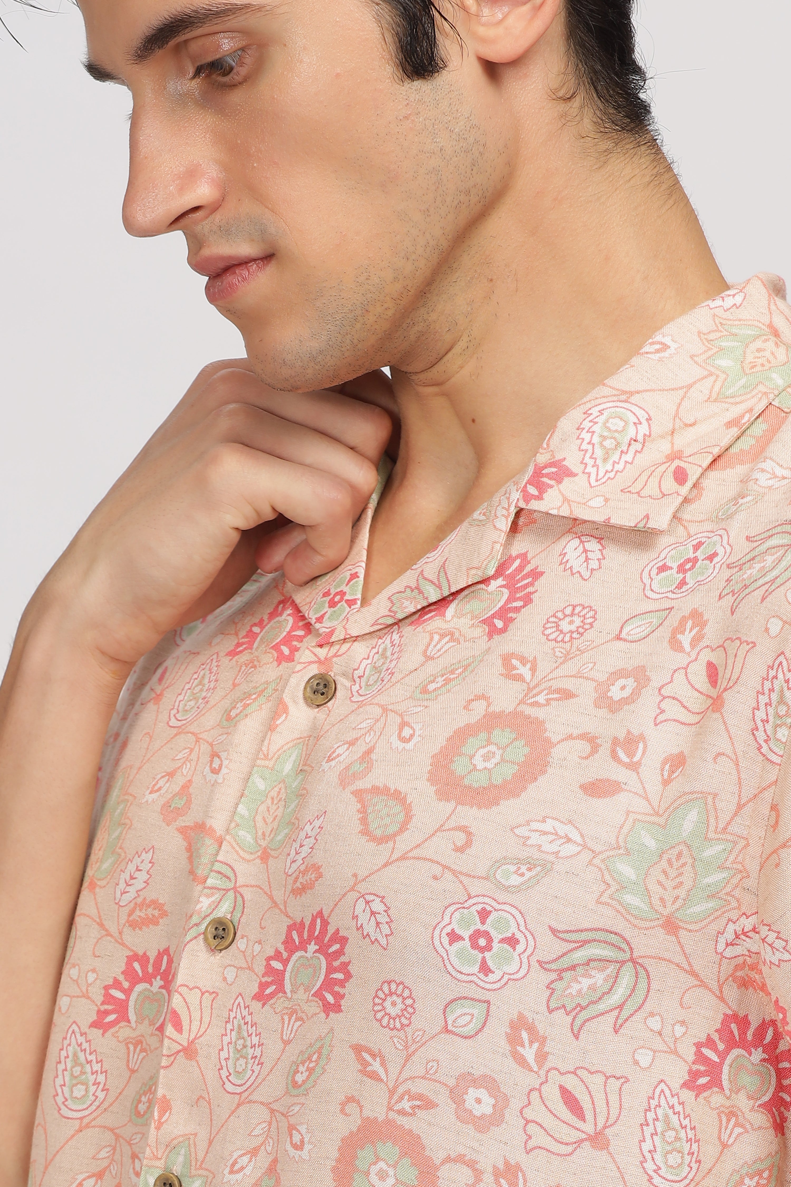 Uri Peach Printed Cuban Collar Shirt Uri