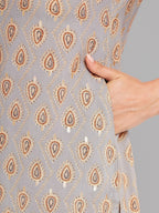 Women Grey Ethnic Motifs Printed Kurta With Piping Krya