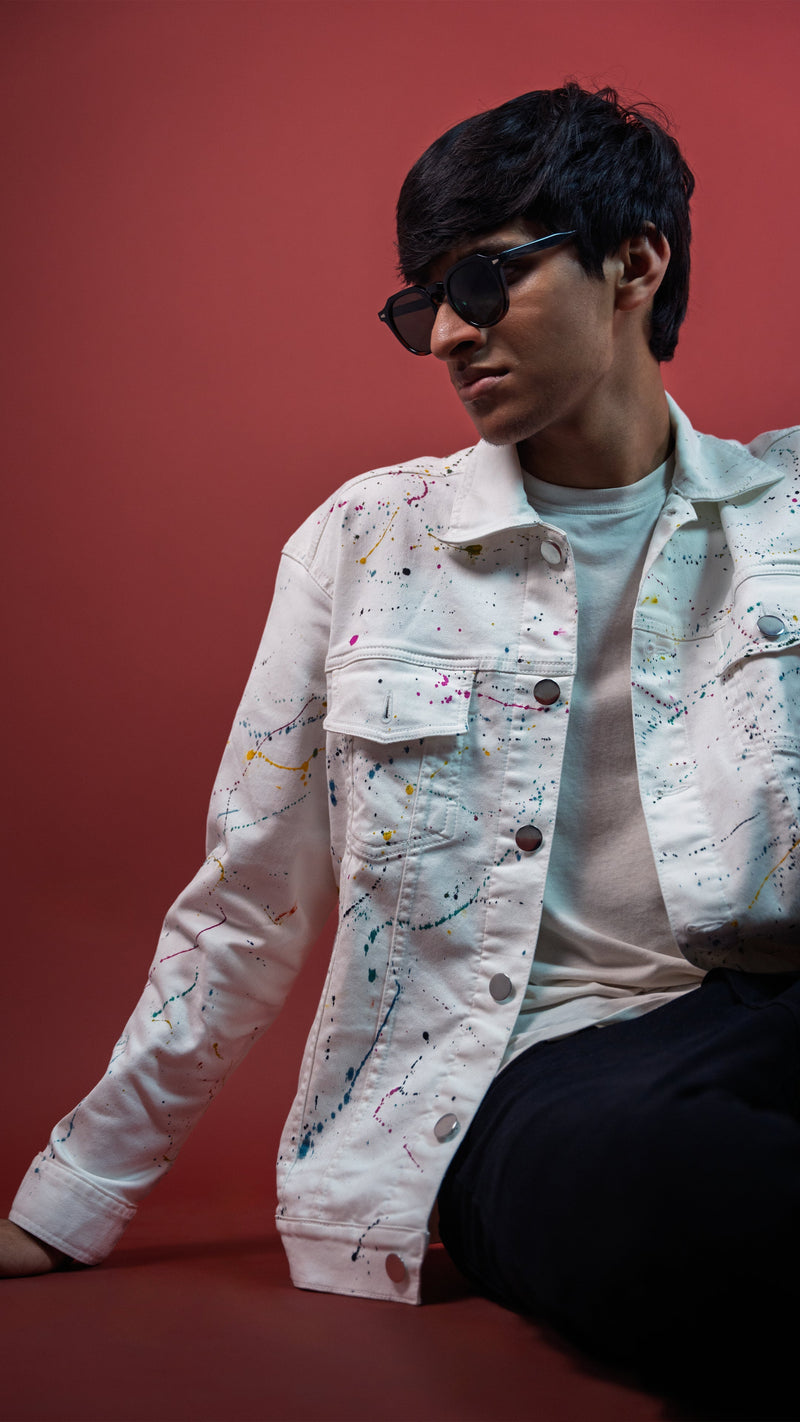 White Painted Denim Men'S Jacket Rustlines