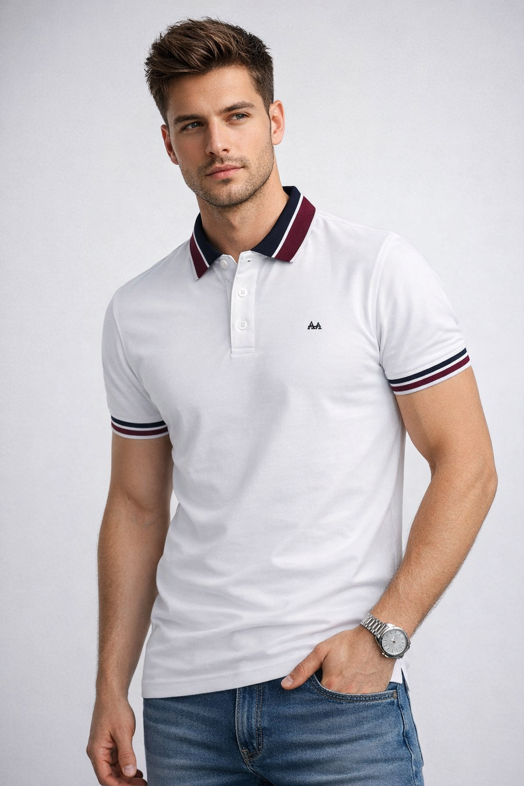 White Polo with Red Stripe Collar Aachari
