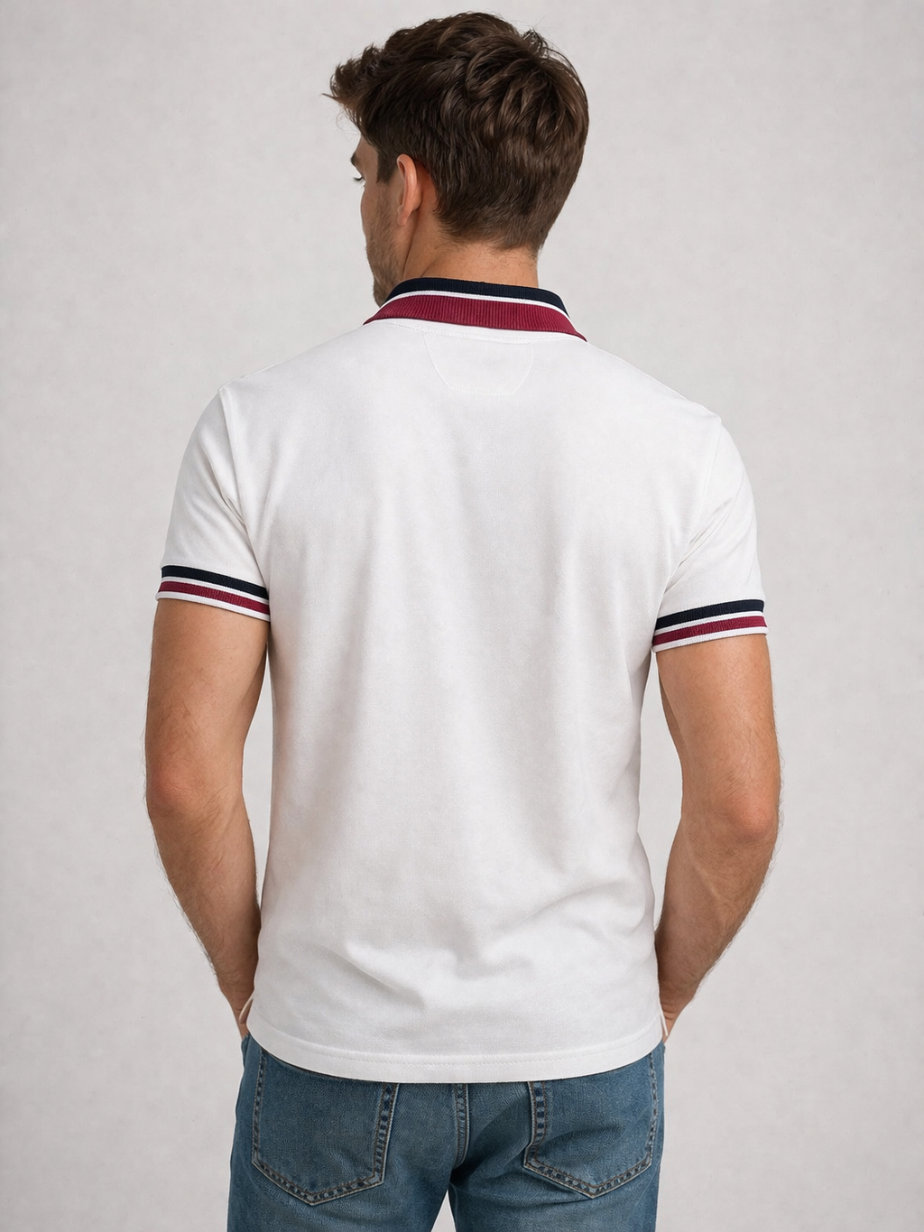 White Polo with Red Stripe Collar