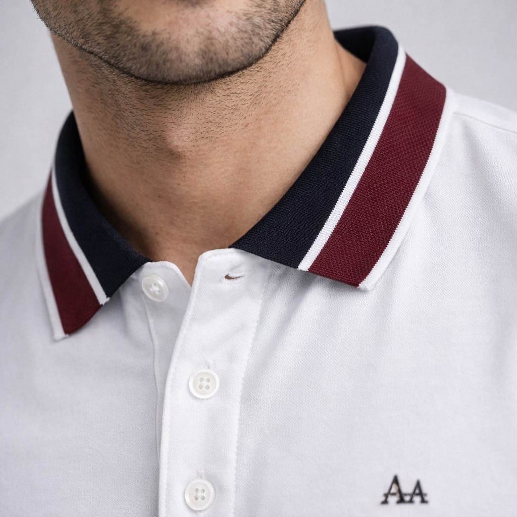 White Polo with Red Stripe Collar Aachari
