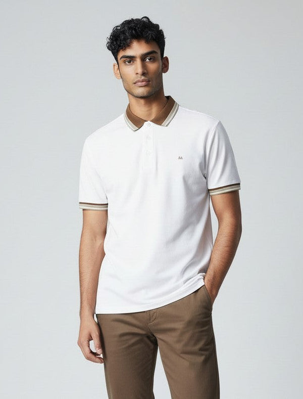 White Polo with Brown Collar