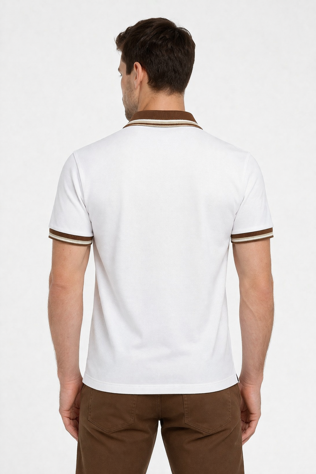 White Polo with Brown Collar