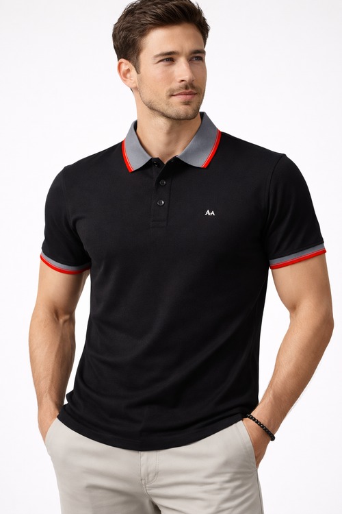 Black Polo with Dual Tone Stripe Collar Aachari