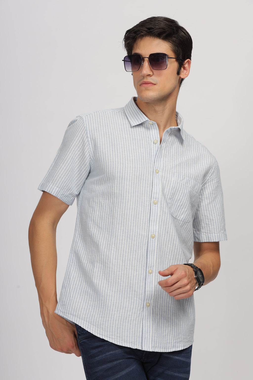 Uri Half Sleeve Linen Striped Shirt Uri