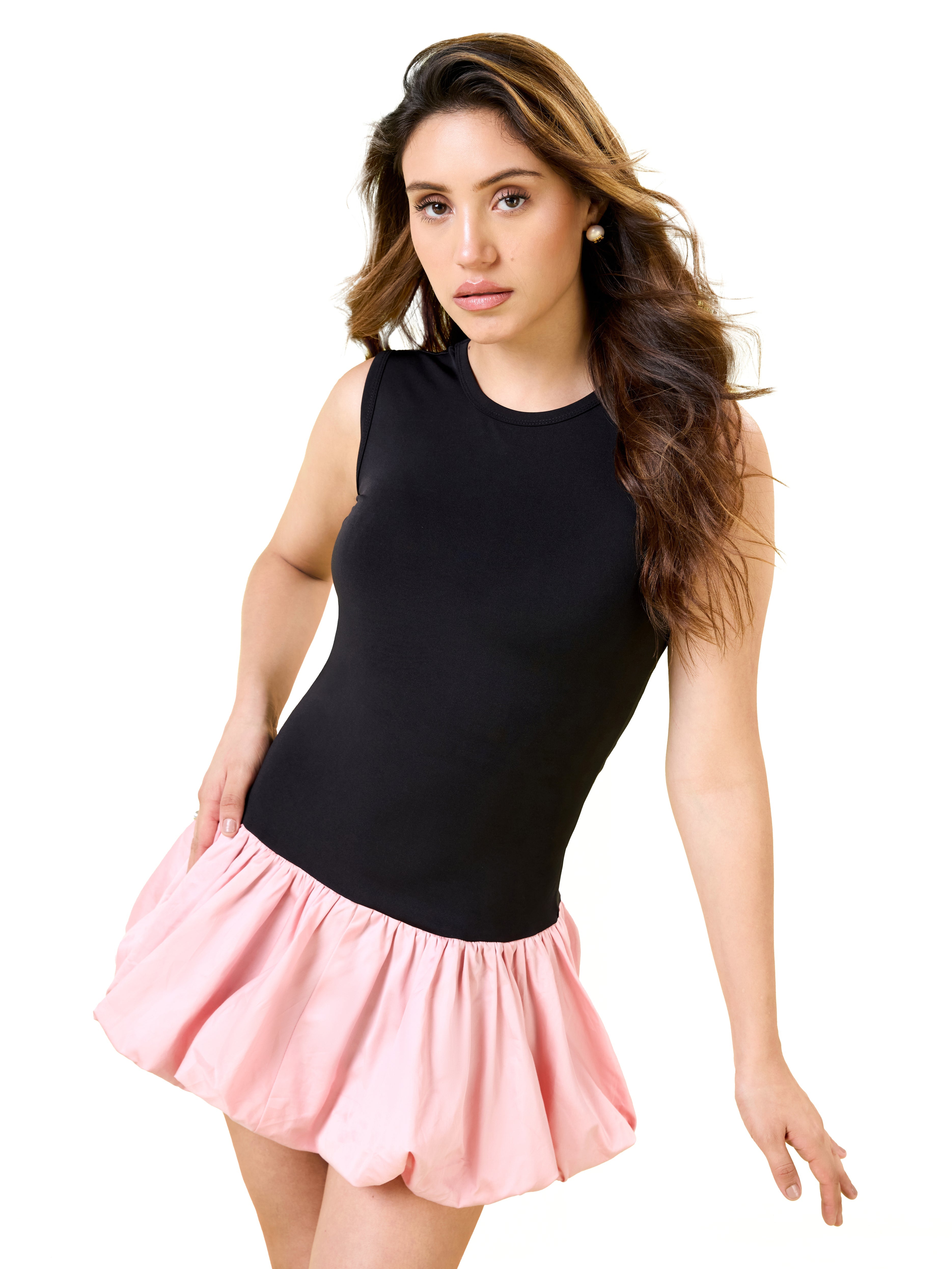 Black rose Round Neck Bubble Mini Dress
