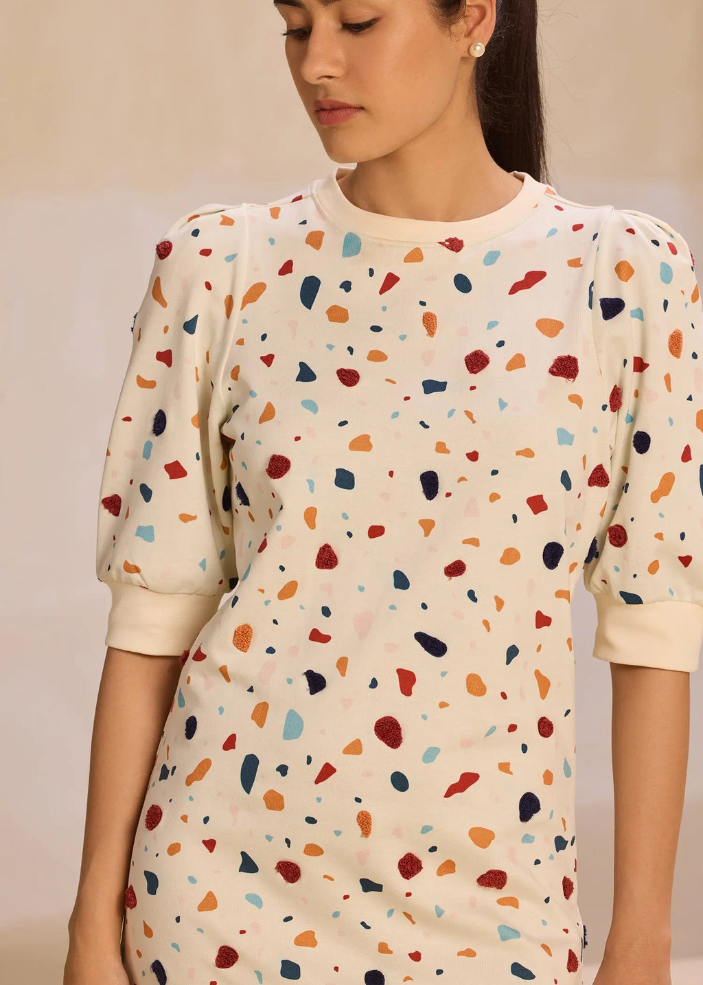 Embroidered Terrazzo iCotton Pouf Sleeve Dress Alonge