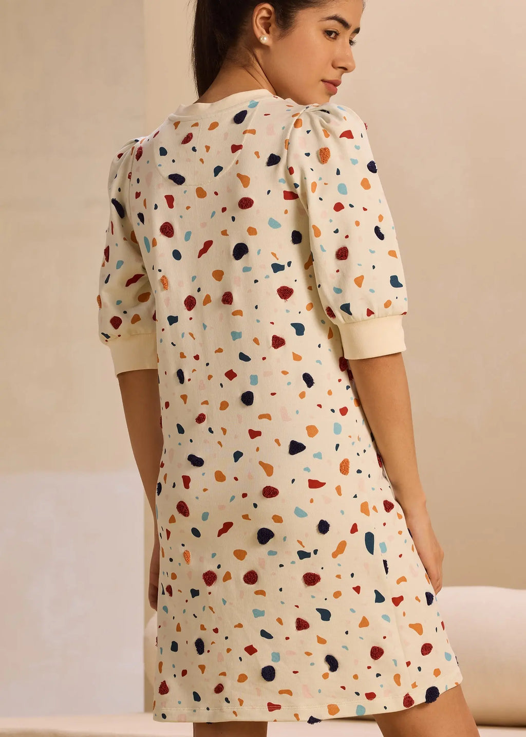 Embroidered Terrazzo iCotton Pouf Sleeve Dress Alonge