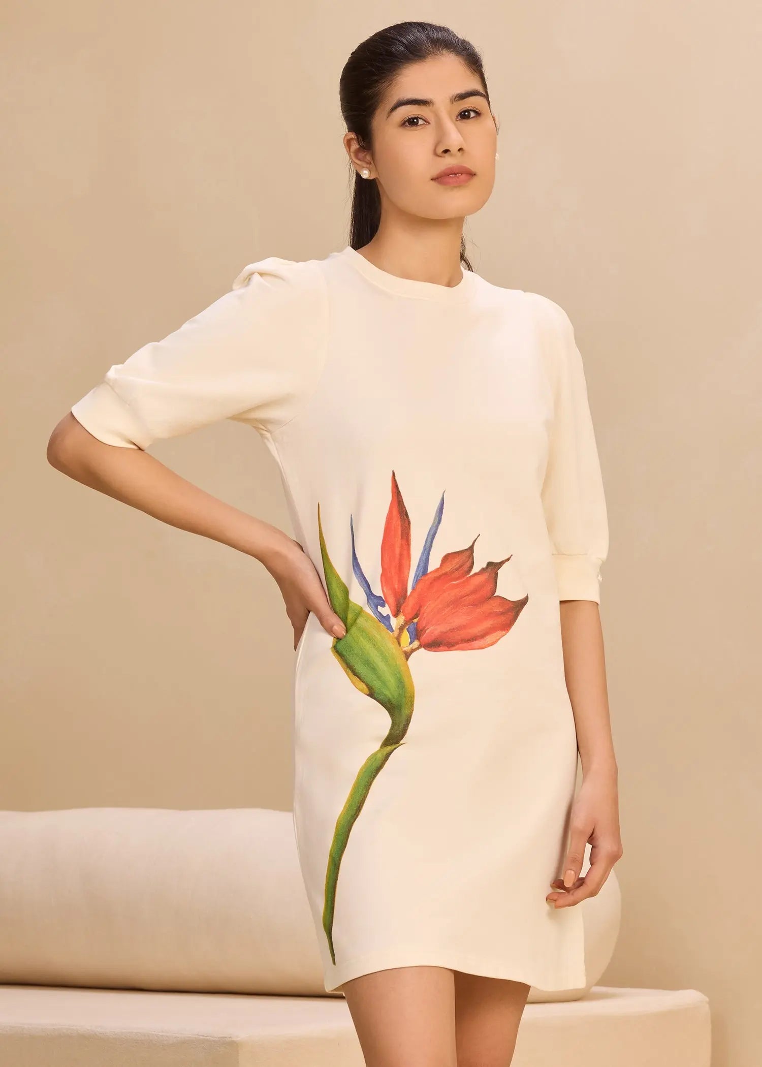 iCotton Print Pouf Sleeve Dress Alonge