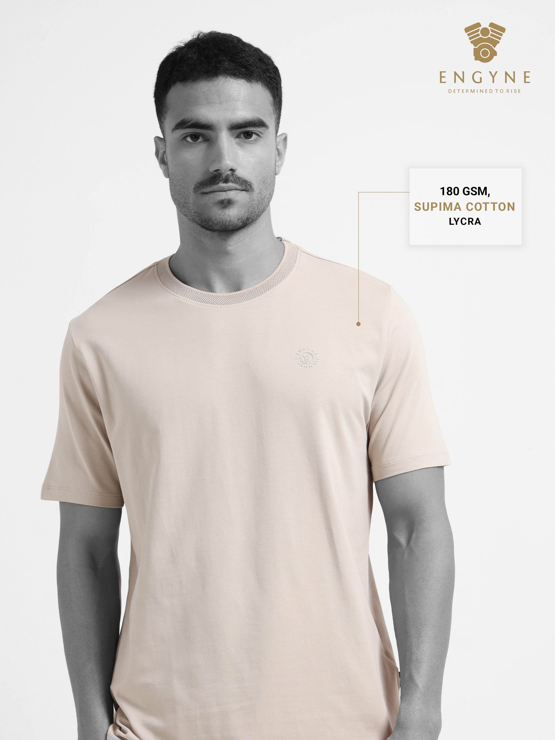 Textured Neck Rib Sand Regular Fit T Shirt