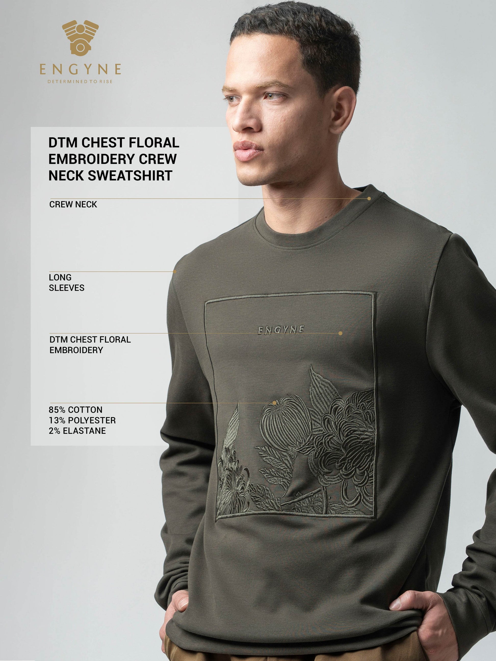 Olive Green Sweatshirt with Floral Chest Embroidery for Men 