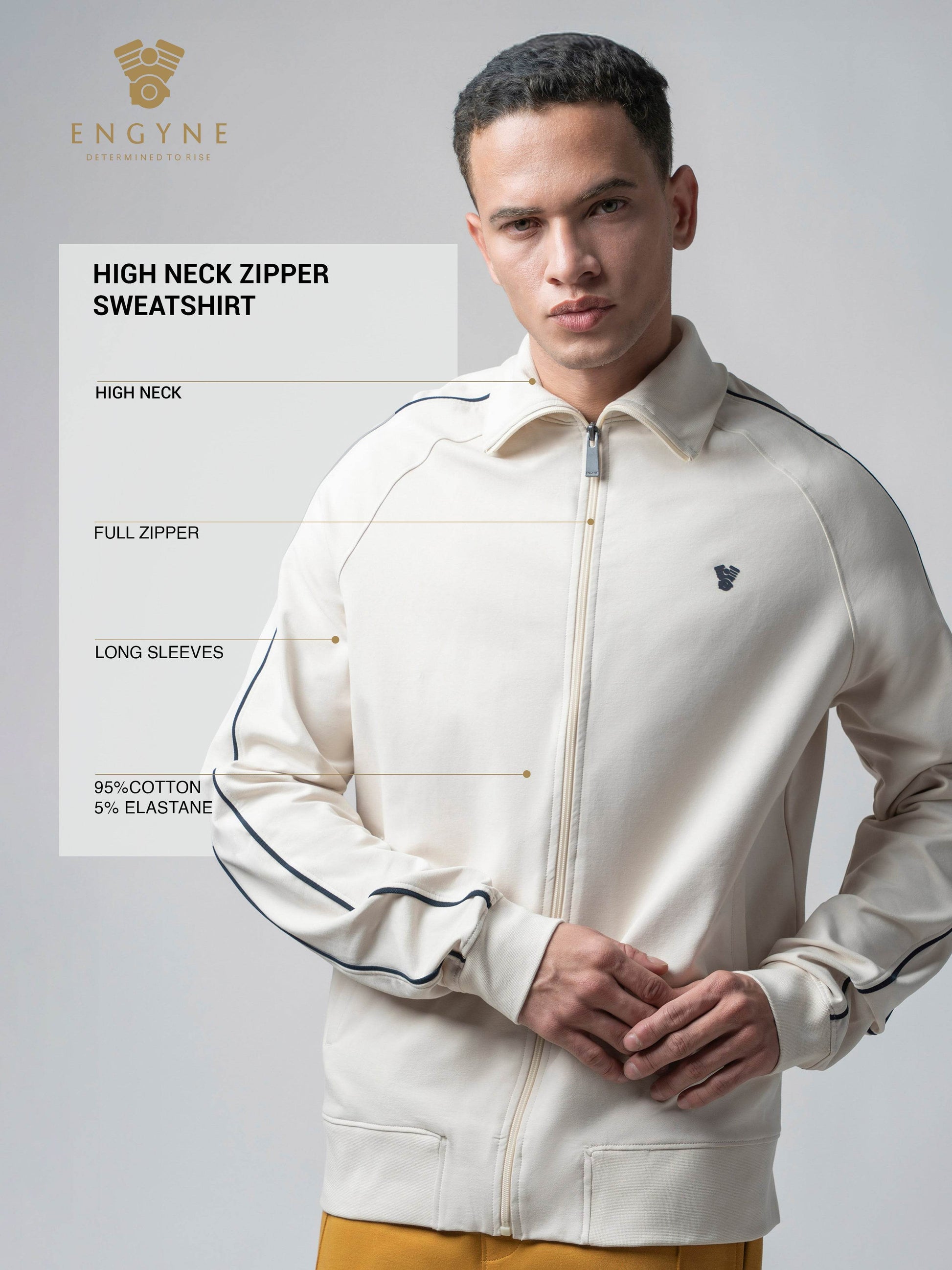 High Neck Zipper Beige Sweatshirt with Contrast Piping for Men