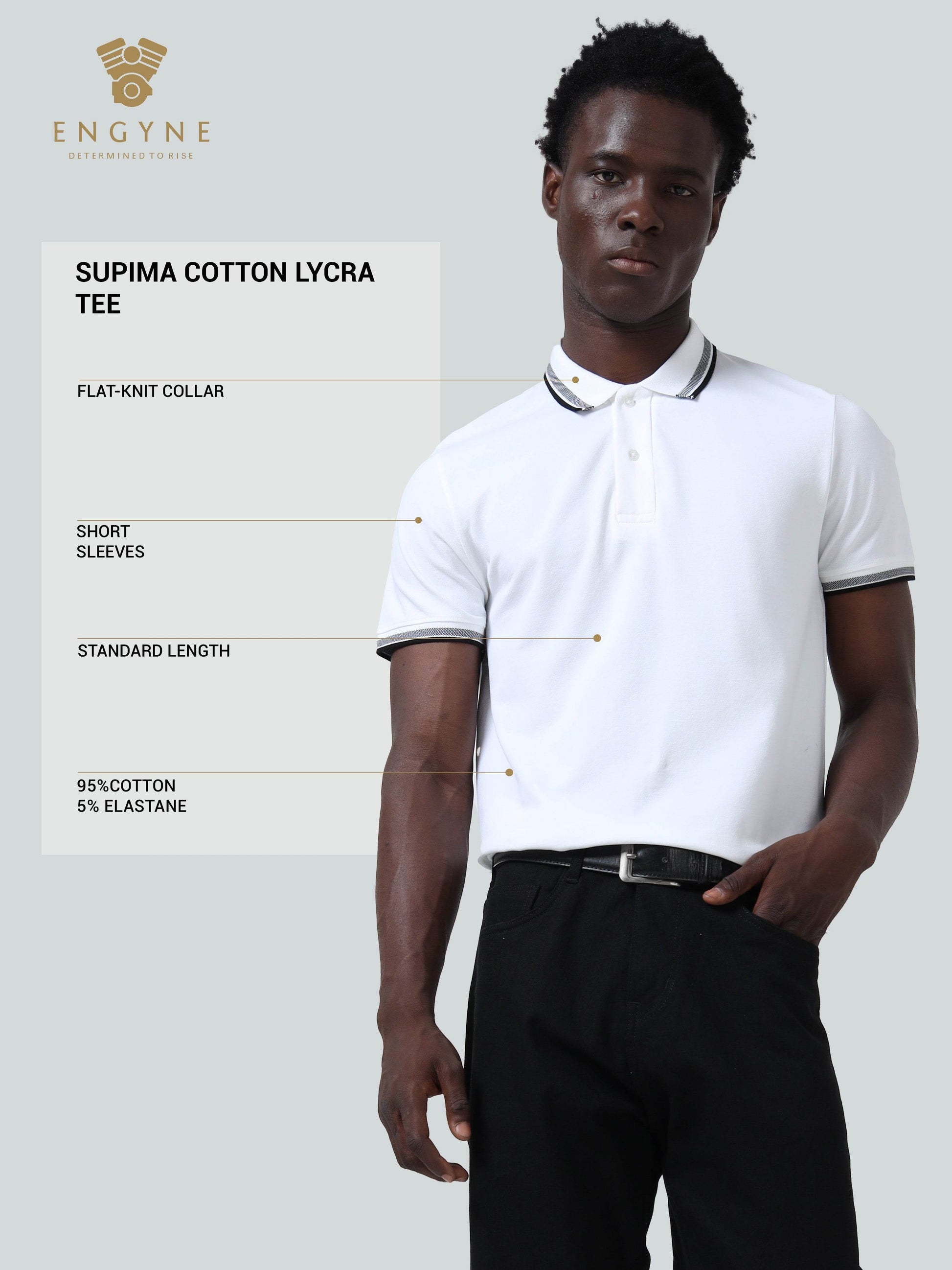 Contrast-Tipped Collar Textured White Polo T Shirt