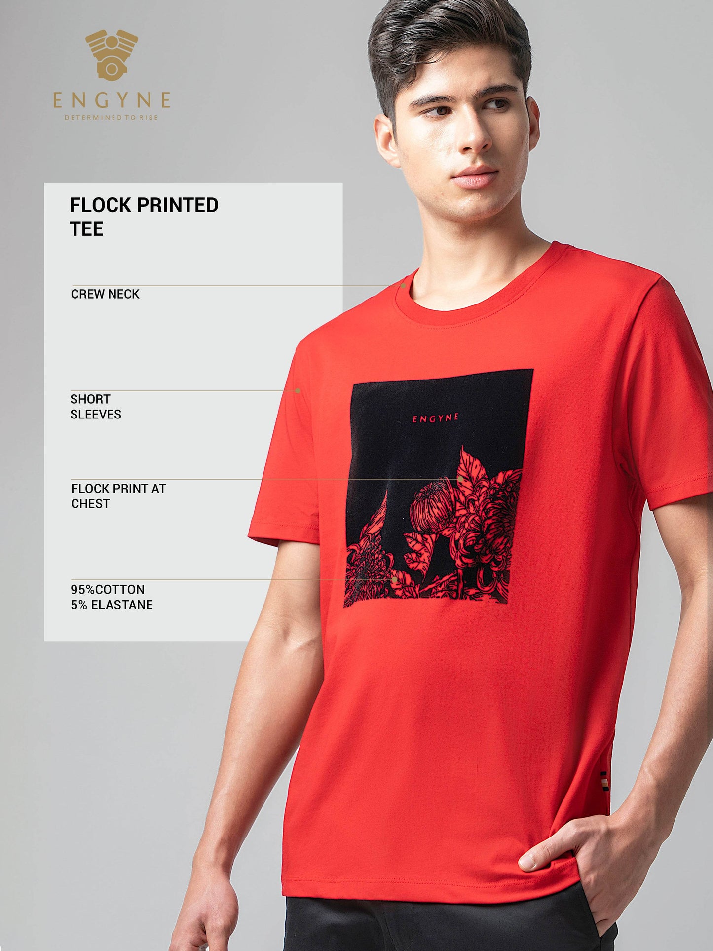Rougen Cotton Lycra with Flock Print at Chest Red T-shirt