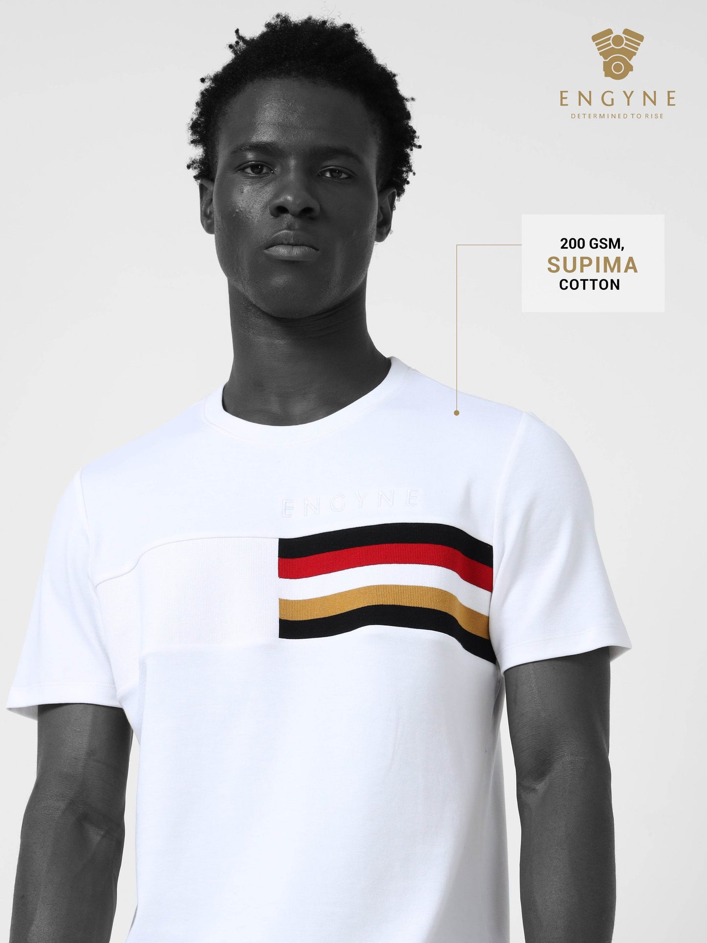 Supima Cotton Lycra Interlock with Engyne Signature Flat-Knit Rib Chest Panel and Embroidered Branding White T-shirt