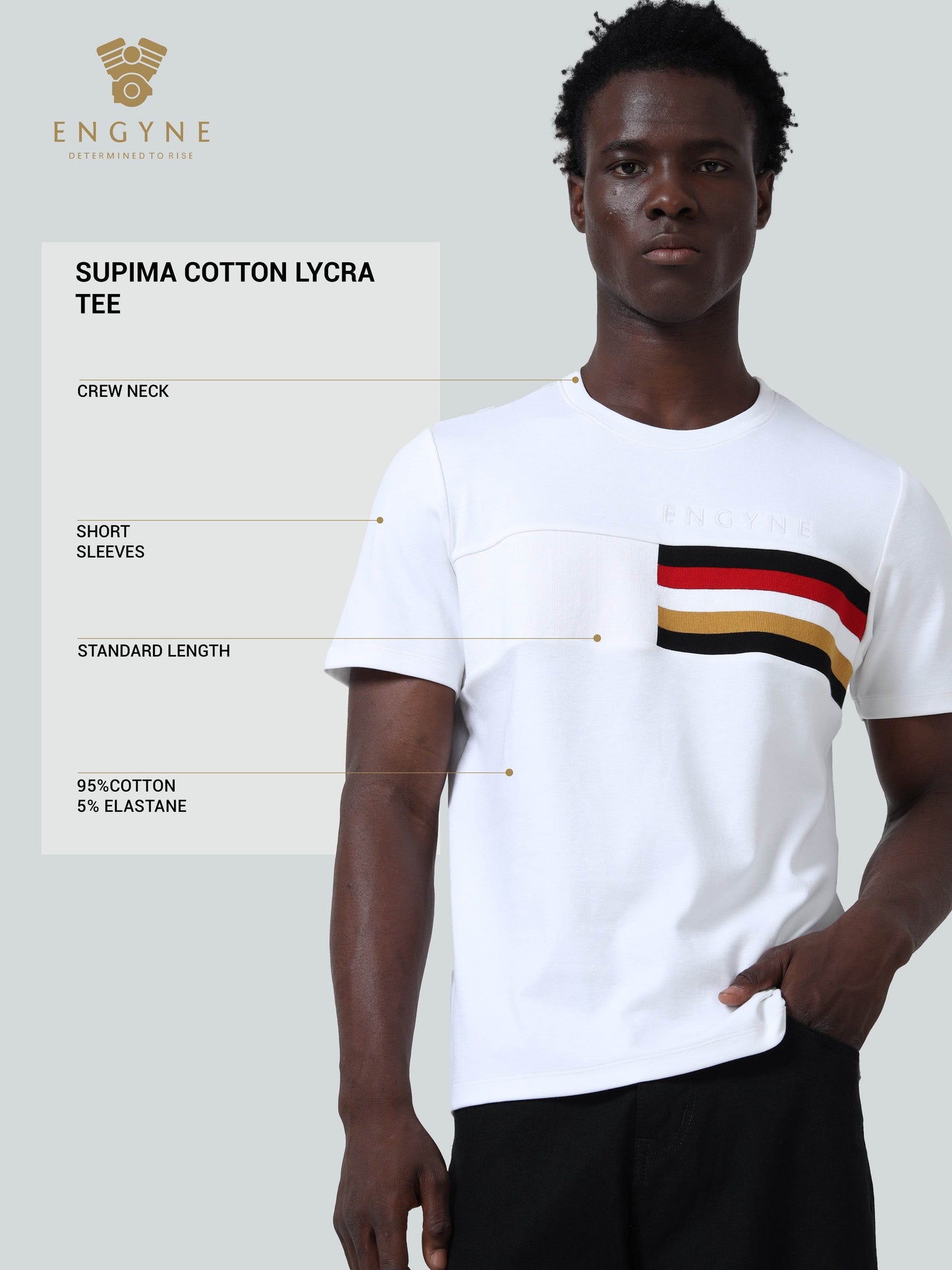 Supima Cotton Lycra Interlock with Engyne Signature Flat-Knit Rib Chest Panel and Embroidered Branding White T-shirt