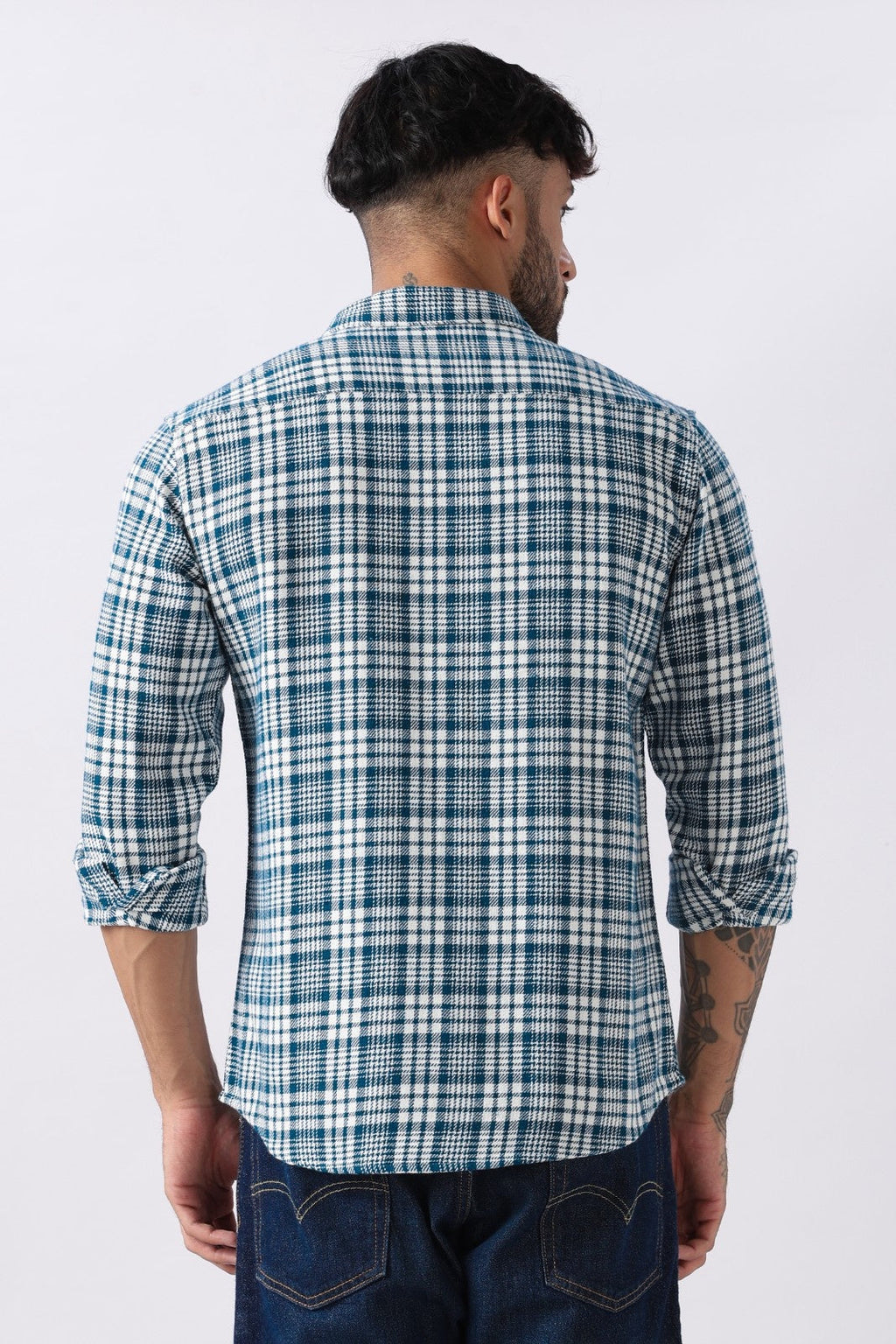 Teal Twill Check Regular Fit Cotton Shirt Uri