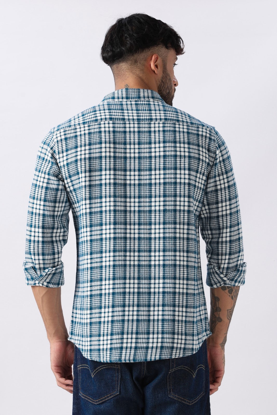Teal Twill Check Regular Fit Cotton Shirt Uri