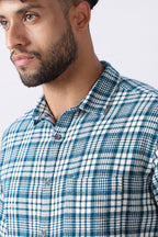 Teal Twill Check Regular Fit Cotton Shirt Uri