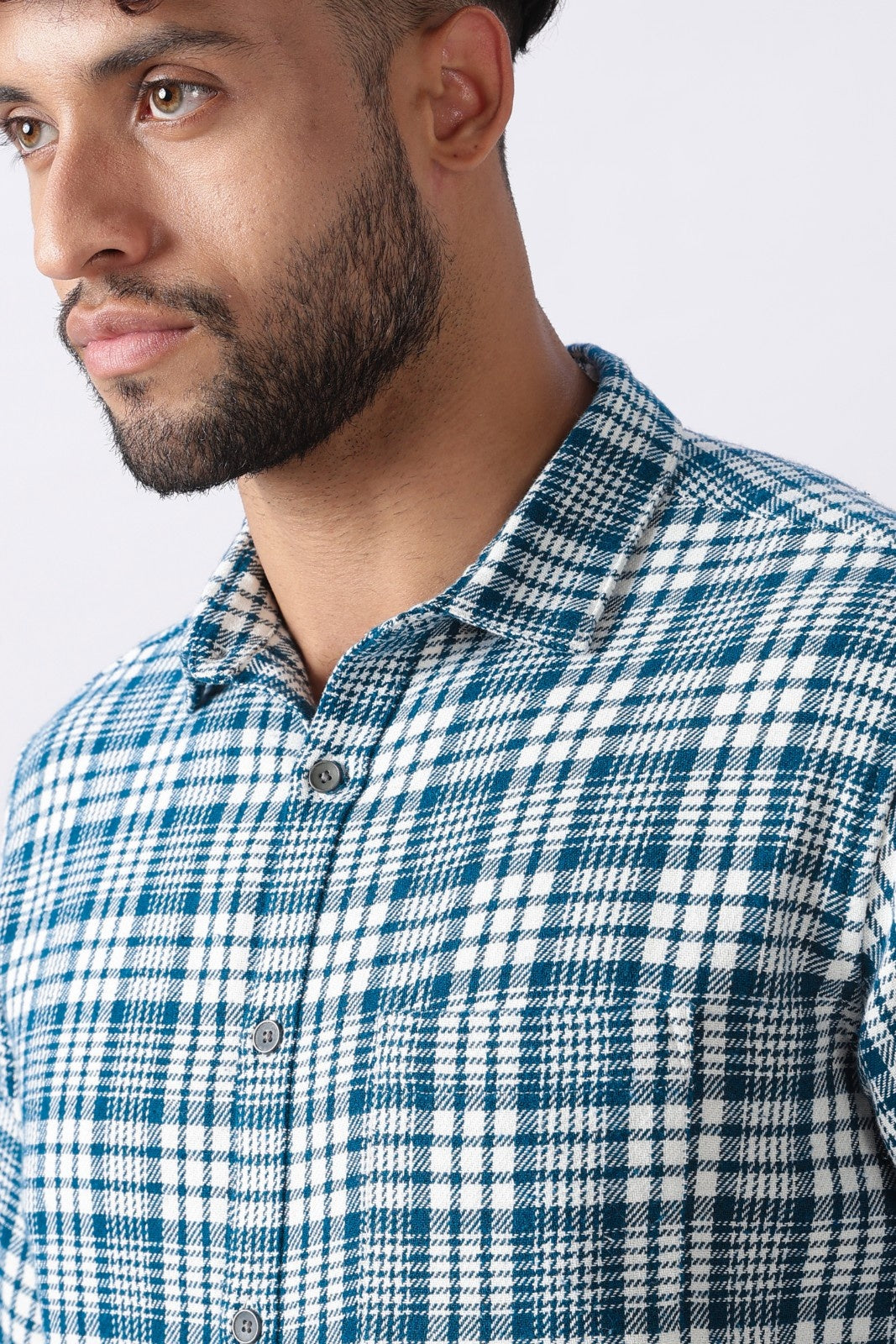Teal Twill Check Regular Fit Cotton Shirt Uri