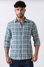 Teal Twill Check Regular Fit Cotton Shirt Uri